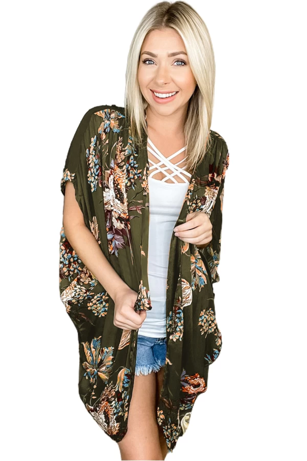 Military Green Flower Printed Open Front Cover Up Dress